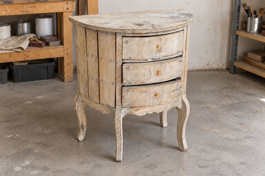 A half-moon chest of drawers as it arrived: flaking whitewash and bare, weathered wood