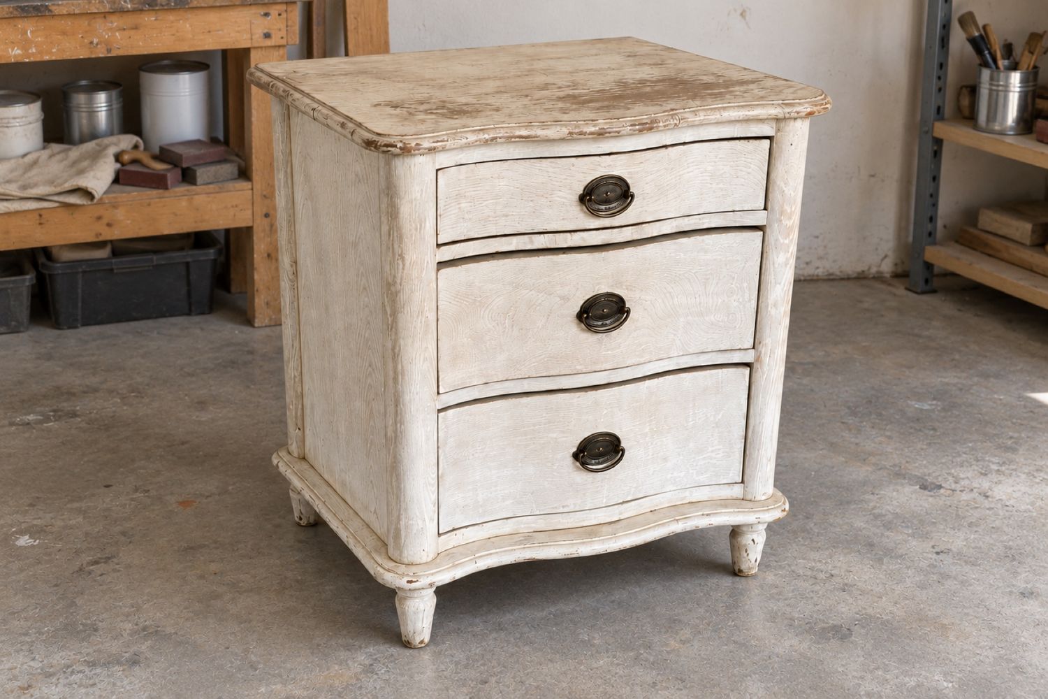 An oak chest of drawers before: tired chalky white paint and a worn, stained top